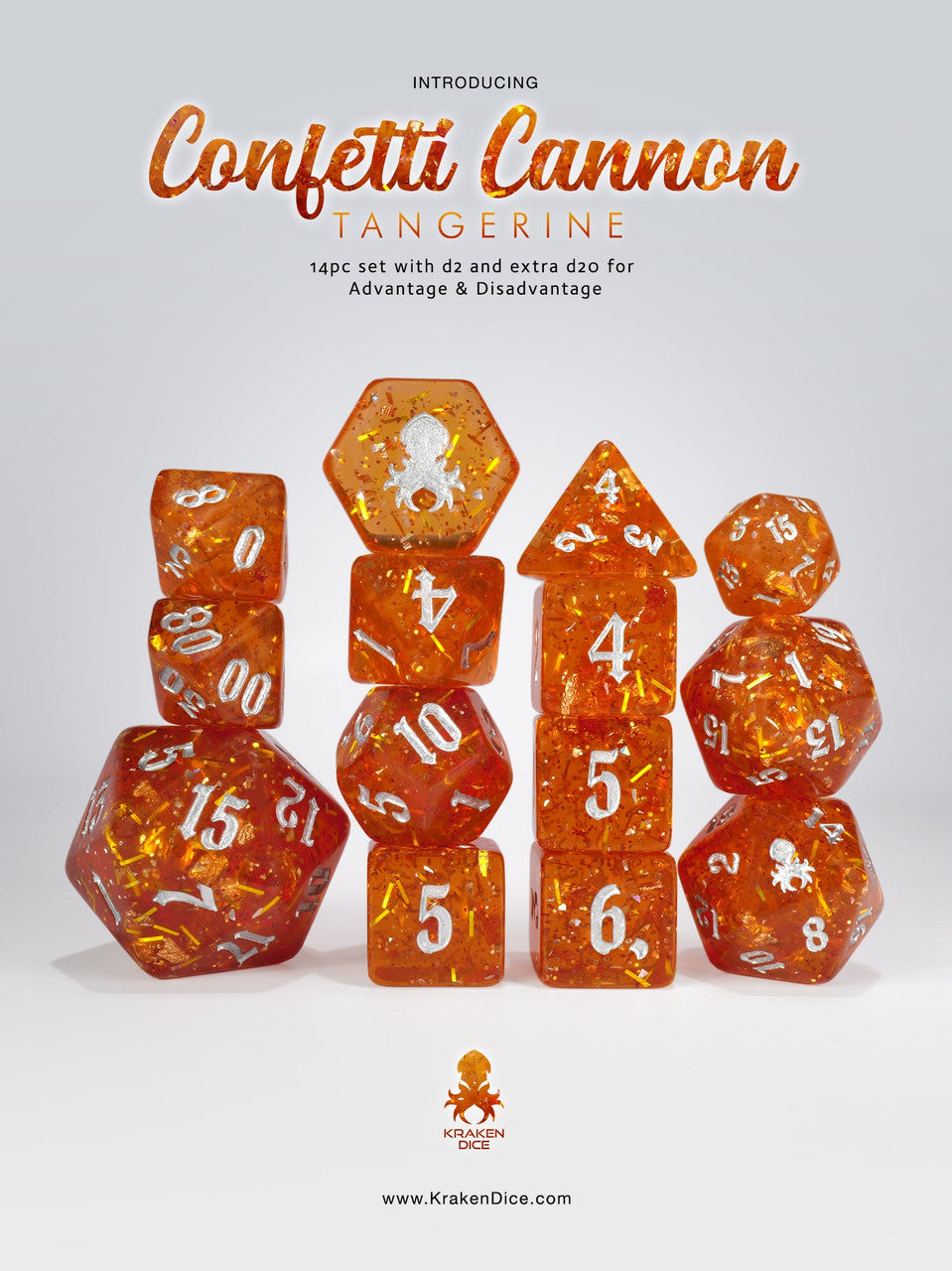 Confetti Cannon: Tangerine - Limited Run - 14pc Dice Set Inked in Silver